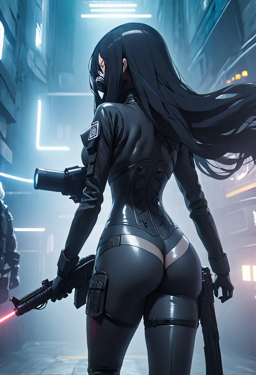 vue arrière, Qualité HD, tout le corps, vue dynamique, Point de vue, tentative lointaine, animé cyberpunk, femme mature, longs cheveux noirs, seins géants, mamelons dressés, corps voluptueux, masque à gaz, costume en latex gris, regard déterminé, coup de culotte, viser avec un fusil à visée laser au milieu du No Man&#39;s Land,