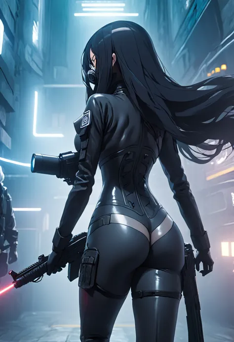 back view, HD quality, full body, dynamic view, POV, distant attempt, cyberpunk anime, mature woman, long black hair, giant brea...