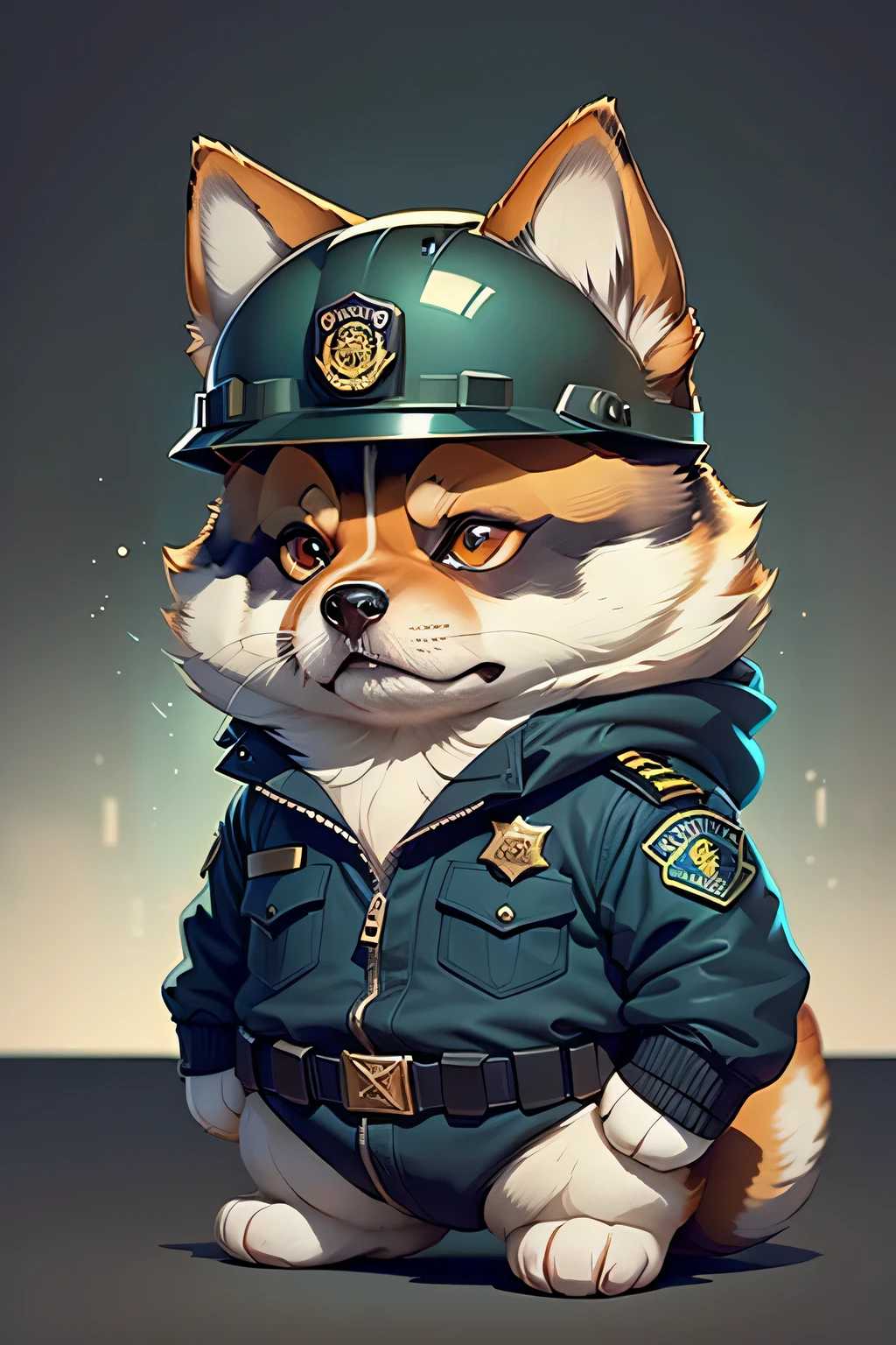 クソ, アメリカの警察の制服とヘルメットを着用した漫画の柴犬（髪は黒です、柴犬の外見的特徴）