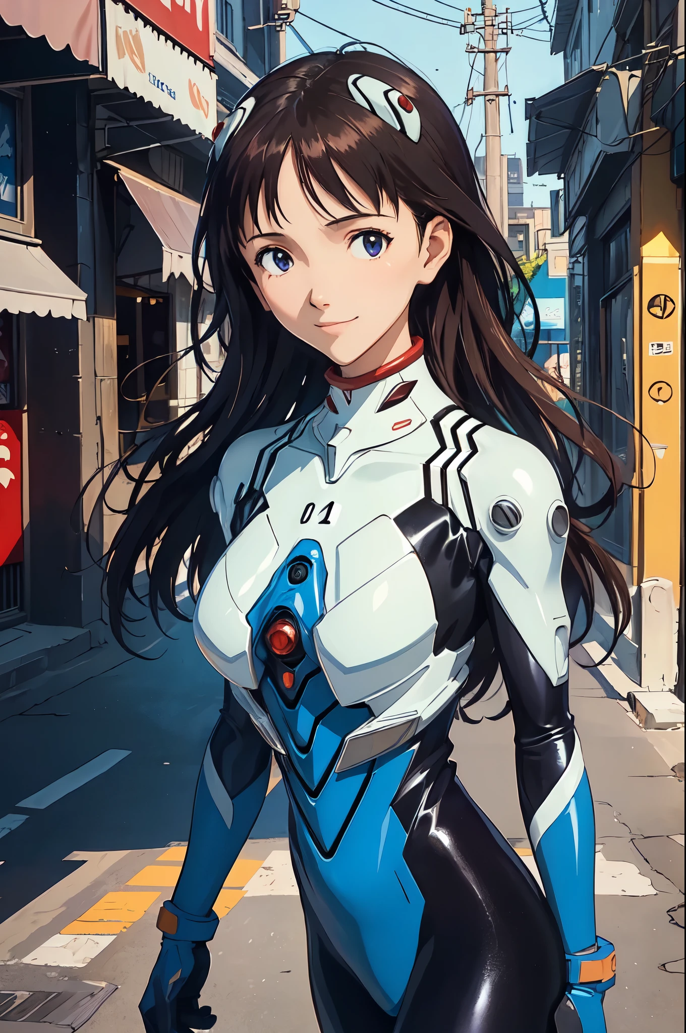 (masterpiece, best quality:1.2), expressive eyes, perfect face, highres, 1girl, solo, (female:1.5), ikarishinji, eva01plugsuit, long hair, interface, headset, shy, slight smile, city park, standing, cowboy shot,  looking at viewer,