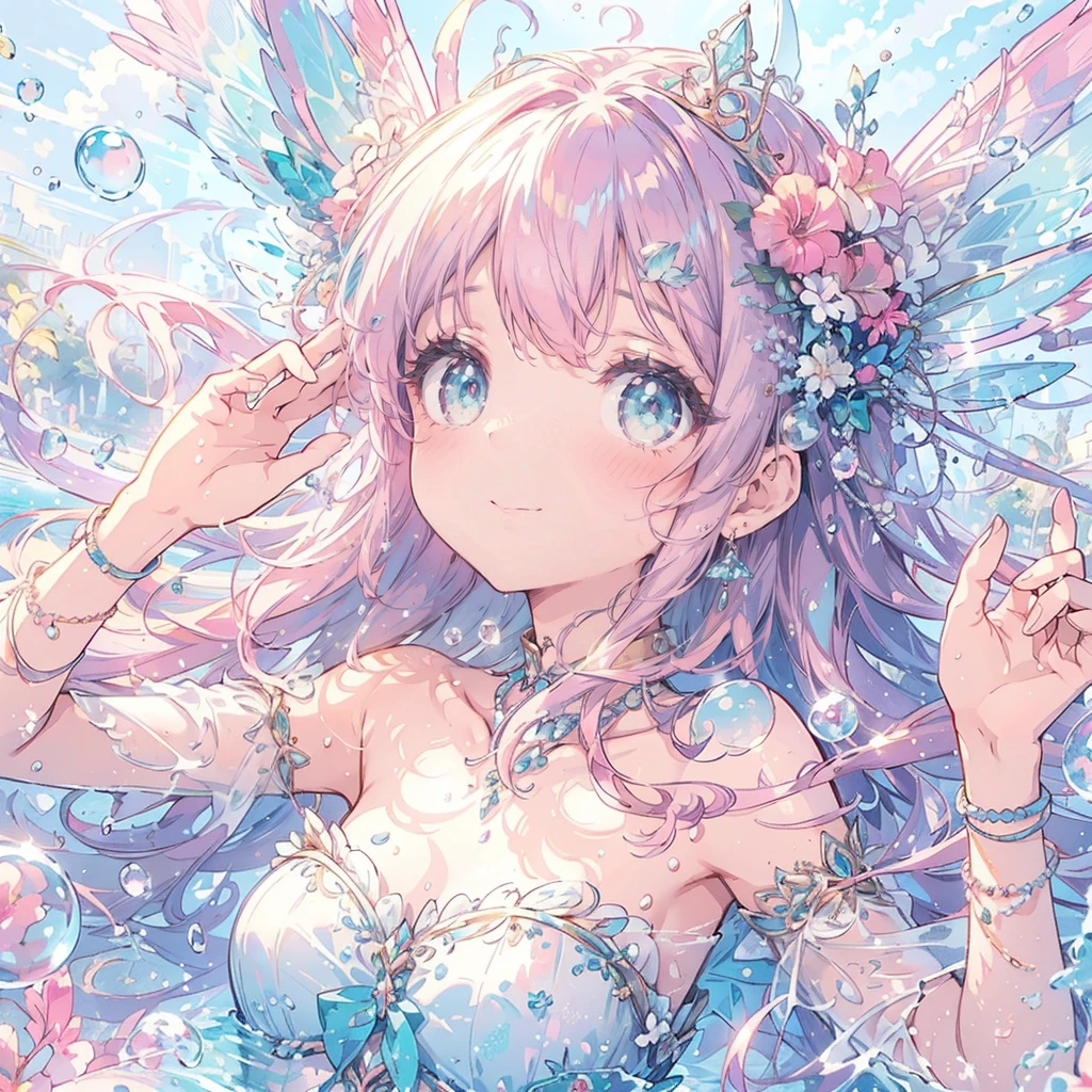 (Exquisite, beautiful, Very detailed, masterpiece, high resolution,high quality,High resolution),(Well-formed face,Soft and thin lines: 1.2, Beautiful, delicate and vivid illustrations with a mature and clear feel), A fairy princess with fairy wings is swimming in the sea in a swimsuit,front,Whole body,whole body,((Floating on water,drifting)),(In the beautiful tropical sea,泡が沢山drifting,fish),(Transparent fairy wings grow from your back), (smile), (Pearl Tiara, Pearl Earrings, Pearl Choker), Pastel mermaid dress,Ribbons, lace and frills, (Pale pink blush, Plump pink lips,Large Bust,Fair skin, Good style),Bright colors,Eye-catching colors,Dynamic Angles
