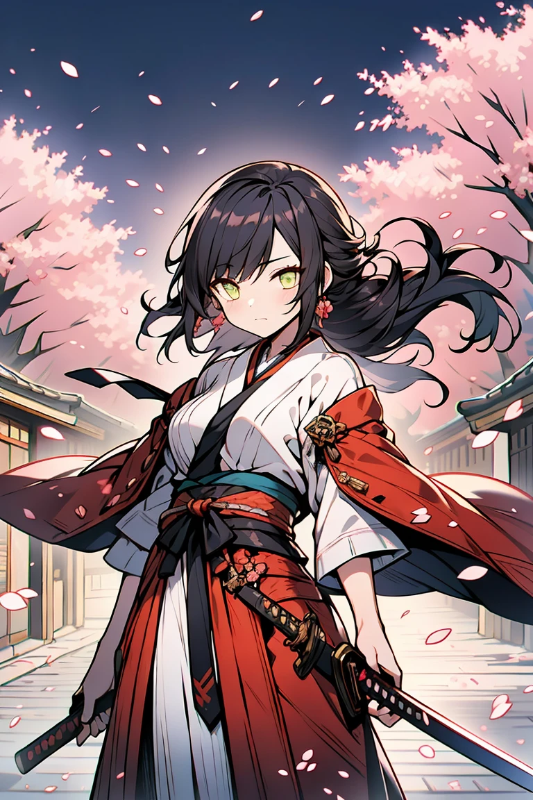 Japan,Cherry blossom trees, Wrapped in a black mist, holding a sword,Yellow kimono, Village Girl, Look down,passing, Cowboy Shot,((Very detailed,highest quality, High resolution, 8k wallpaper, Beautiful new clothes,)),((Black Hair, Tie up,Styled hair)), Blowing in the Wind, eye shadow, eyeliner,Glow Eye, Very detailedな目, Beautiful new eyes