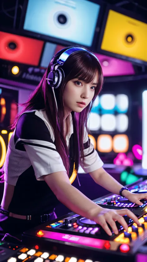 highest quality, Surreal, Very detailed, women only, DJ Girl, DJ Console, DJ headphones, Actual photo, 8k, Realistic eyes, Detai...