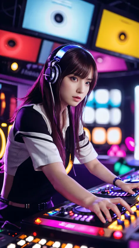 highest quality, surreal, very detailed, women only, dj girl, dj console, dj headphones, actual photo, 8k, realistic eyes, detai...