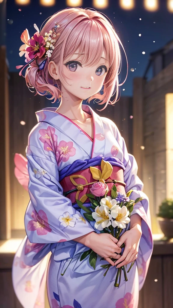 (masterpiece, highest quality:1.4), Beautiful Face, 8k, 85mm, Absurd, (Floral Yukata:1.4), Face close-up, violet, Gardenia, Delicate girl, alone, night, View your viewers, Upper Body, Film Grain, chromatic aberration, Sharp focus, Face Light, Professional Lighting, Sophisticated, (smile:0.4), (Simple Background, Bokeh Background:1.2), detailed aspects,(((Show me one nipple:0.57))),((Very young and small:1.2),(Pink hair with flowers:1),((Show me the vagina:1.2)),(Semen flowing from the vagina),(Vaginal womanizer),