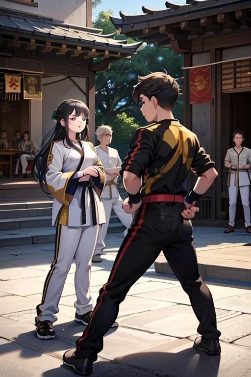 A Large Group of Young Martial Arts Fighters Gathered in an Outdoor Courtyard Decked in Martial Arts Cultural Flags, bronze black gold statues are adorning the entire environment, young people are talking to each other. Ah on the scene teenage boys and girls. They are dressed in their respective clan uniforms..