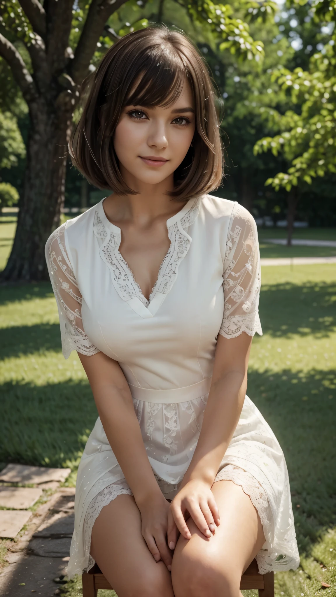 sunny day, graceful photo of a girl in a Blazer Dress, (puffy eyes:1.05), (white lace shirt), platinum brown hair, (angled bob:1.4), flat bangs, (flowing hair), smile slightly, happy, happiness, high detailed skin, skin pores, stunning innocent symmetry face, long eyelashes, black eyeliner, light golden eyeshadow,(sitting down on the banch), crossed_legs, emotional, wind, park, trees, grass, masterpiece, best quality, photorealistic,