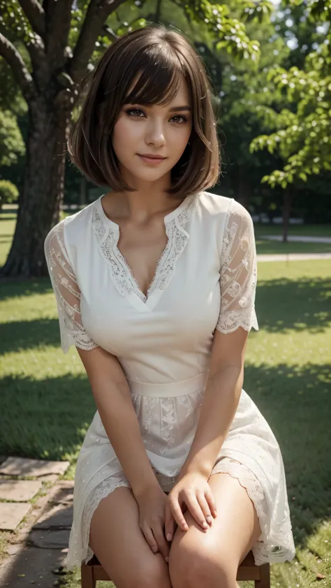 sunny day, graceful photo of a girl in a Blazer Dress, (puffy eyes:1.05), (white lace shirt), platinum brown hair, (angled bob:1...