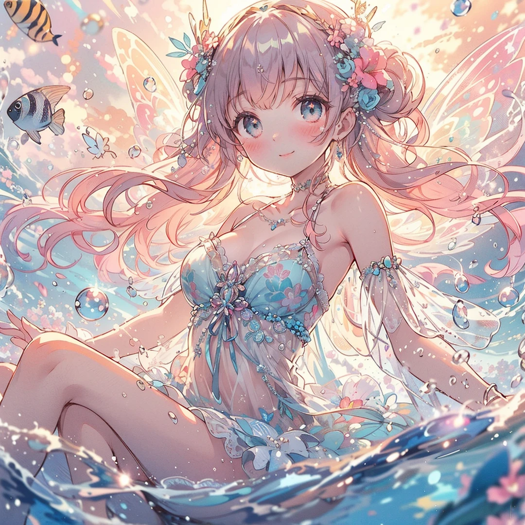 (Exquisite, beautiful, Very detailed, masterpiece, high resolution,high quality,High resolution),(Well-formed face,Soft and thin lines: 1.2, Beautiful, delicate and vivid illustrations with a mature and clear feel), A fairy princess with fairy wings is swimming in the sea in a swimsuit,front,Whole body,whole body,((Floating on water,drifting)),(In the beautiful tropical sea,泡が沢山drifting,fish),(Transparent fairy wings grow from your back), (Smiling happily,smile:1.5), (Pearl Tiara, Pearl Earrings, Pearl Choker), Pastel mermaid dress,Ribbons, lace and frills, (Pale pink blush, Plump pink lips,Large Bust,Fair skin, Good style),Bright colors,Eye-catching colors,Dynamic Angles
