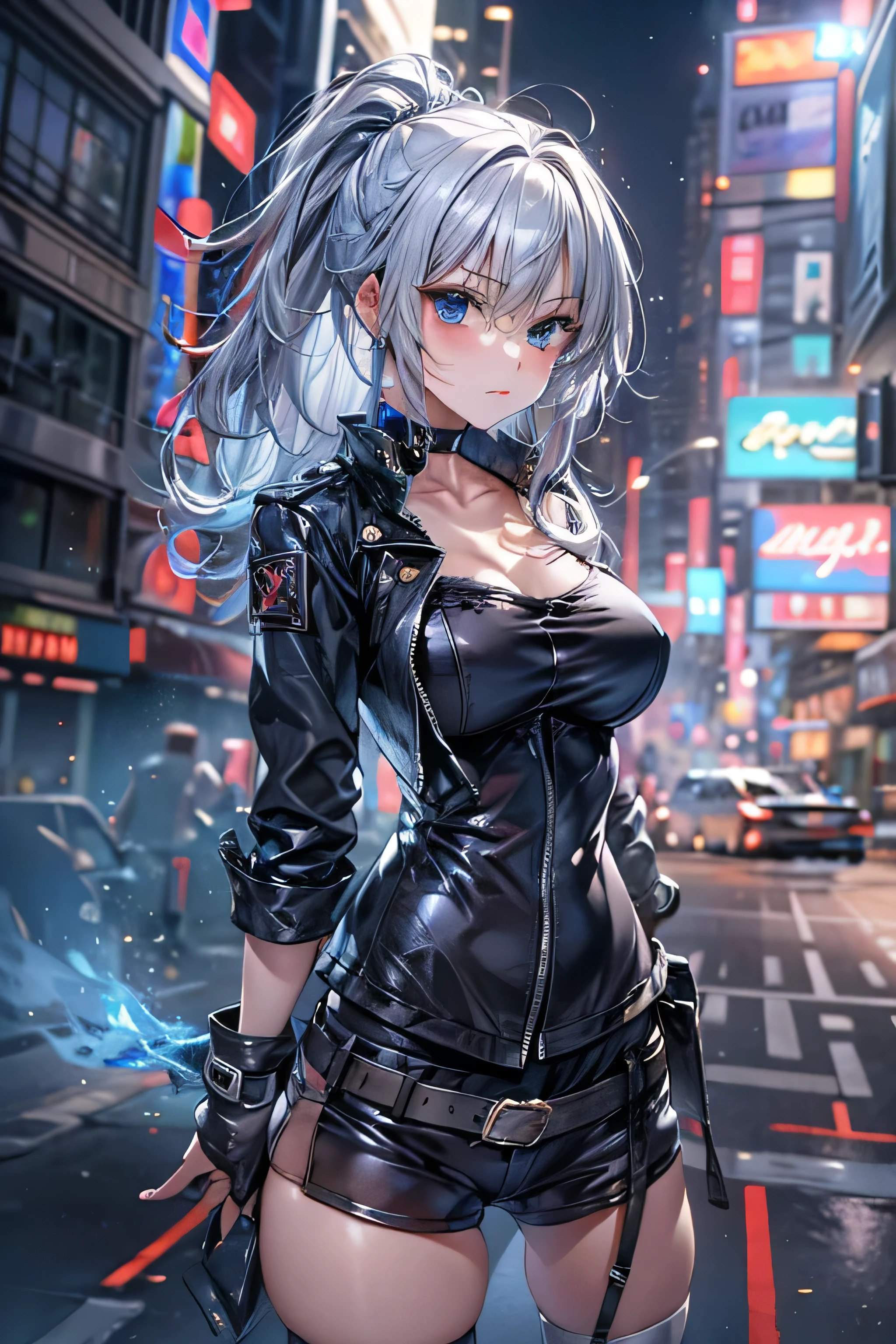 (Photorealistic:1.8, highest quality:1.8,8K masterpiece:1.8,High resolution,Mastepiece:1.8,RAW Photos,Cinematic lighting、8mm fisheye lens),No split screen、cyber punk、Downtown at night、City lights、1 Beautiful Warrior Fighting the Enemy:1.5、(Completely naked、Combat Hair Ornaments、Leather jacket、Bite-in bra、Tight micro short denim、choker、Knee-high boots、Beautiful ass、Beautiful thighs、Plump nipples、Beautiful breasts、cameltoe、Slender Abs:1.2)、Beautiful and detailed eyes:1.7、Beautiful Skin:1.8、(Soryu Asuka Langley)(Character Focus)、Fighting Pose、
A rich expression、Gets angry violently、laugh at、Surprised、
(midium Hair:1.2, Beautiful, shining blue, white, black and silver hair:1.5)、Sparkling Blue Eyes、Fine Lines