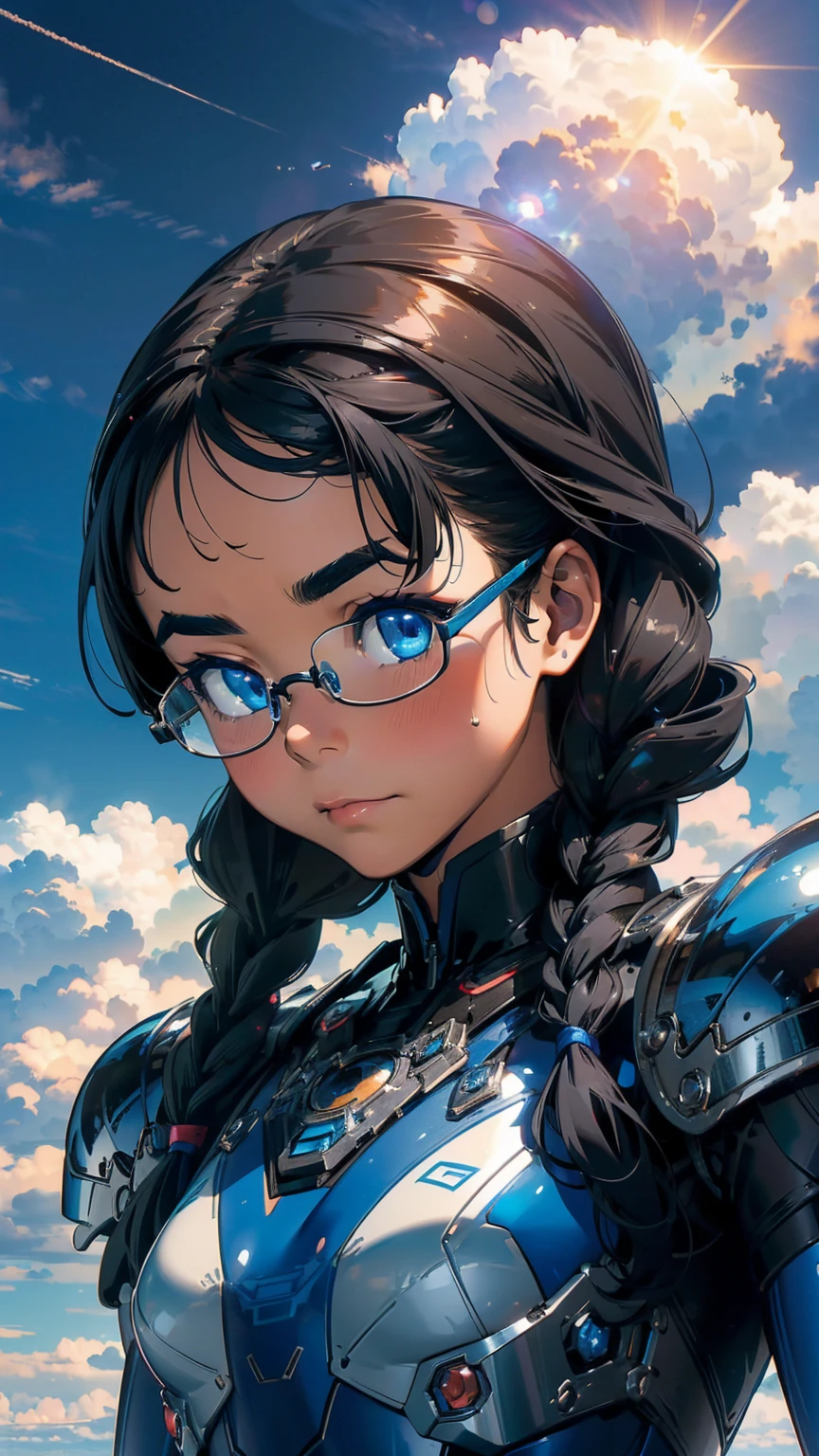 8K quality,(super masterpiece:1.3),highest quality,Detailed Images,1 female,symmetrical beauty,20th Generation,Medium build(Black Hair,Curly Hair,With bangs,Two braids),(Thick eyebrows,Thick eyebrows),(Rimless Glasses,Thin-rimmed glasses,Small glasses),(Blue Eyes,blue eyes),F cup breasts,(Blue suit),(Background,Aerial,Above the Clouds,sun),(Face directly towards the camera,Looking directly at the viewer,looking at the camera,The body faces the viewer,The body is facing the direction of the camera,Face looking straight into the camera). 