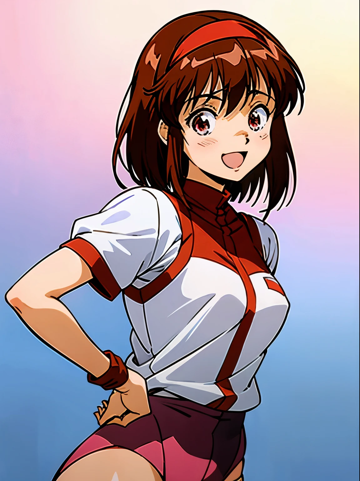 Anime girl with short brown hair and red shorts posing for a picture ...