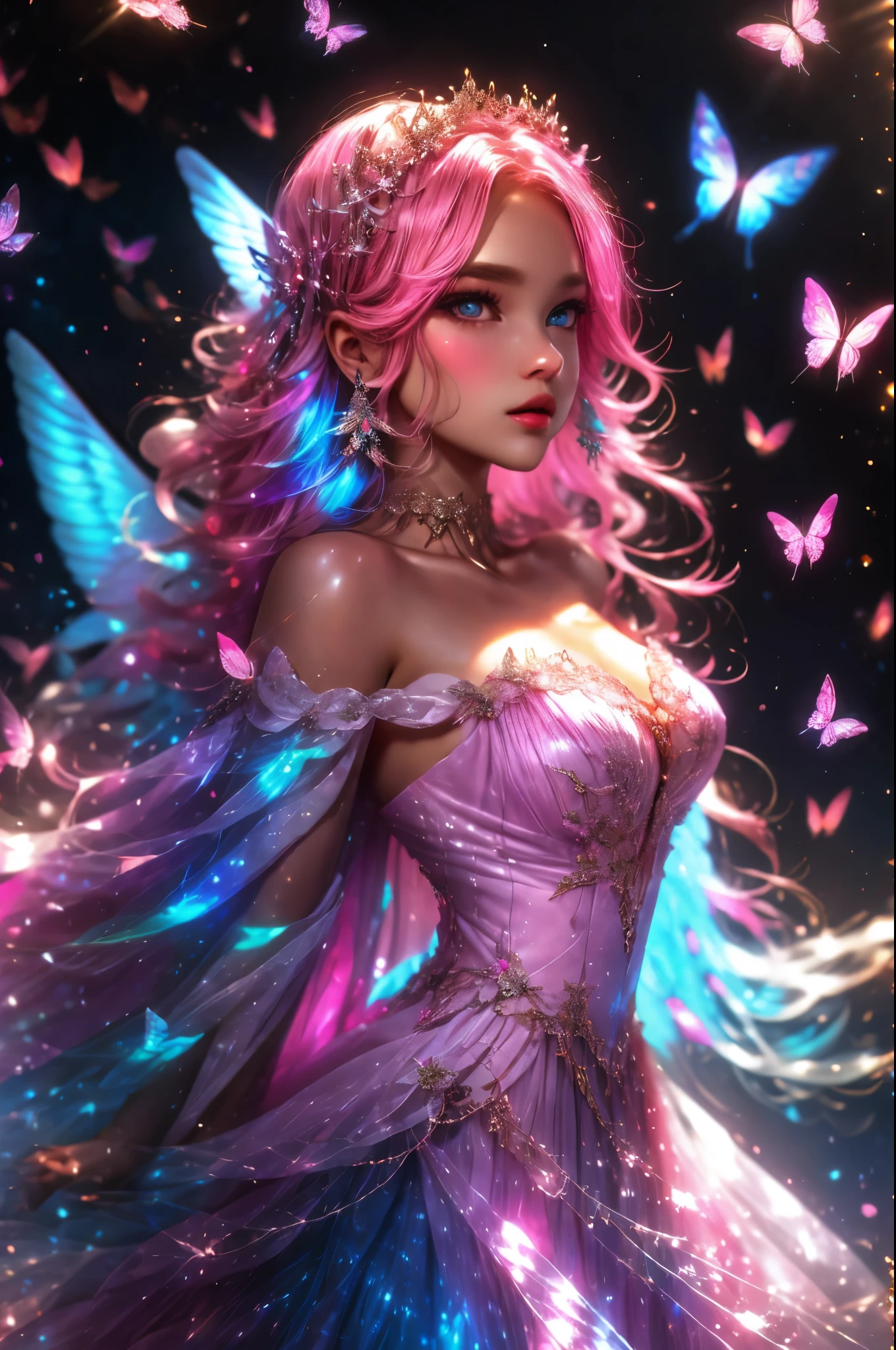 beautiful angel with a dress made of soft gossamer feathers and silk, beautiful iridescent wings, highly detailed wings, head and torso visible, interesting pretty background, fantasy, mythic fantasy, fairytale fantasy, (hires eyes), big eyes, beautiful eyes, shimmering background, 1 woman, 1 face, lots of colorful flying birds and butterflies, (iridescent details), silk and chiffon dress, ultra detailed, adult person, intricate, saturated colors, full lips, big mouth, light pink and dark pink and pink blue color scheme, rich colors, delicate intricate circlet, dynamic and interesting composition, smooth realistic skin texture, (cotton candy fantasy colors and aura), (high neckline), studio lighting