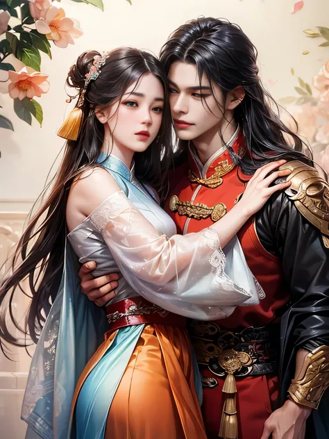 arafed image of a couple of asian women and man hugging each other, peach garden detailed background, xianxia fantasy, jingna zh...