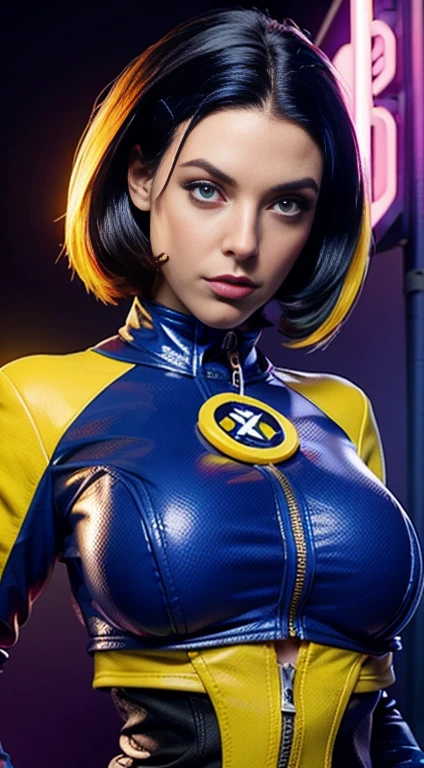 uma pintura digital de uma mulher com cabelo azul royal e amarelo, vestindo roupas desonestas do xmen, Vencedor do concurso Behance, afrofuturismo, onda sintética, néon, glowing néon, peito enorme