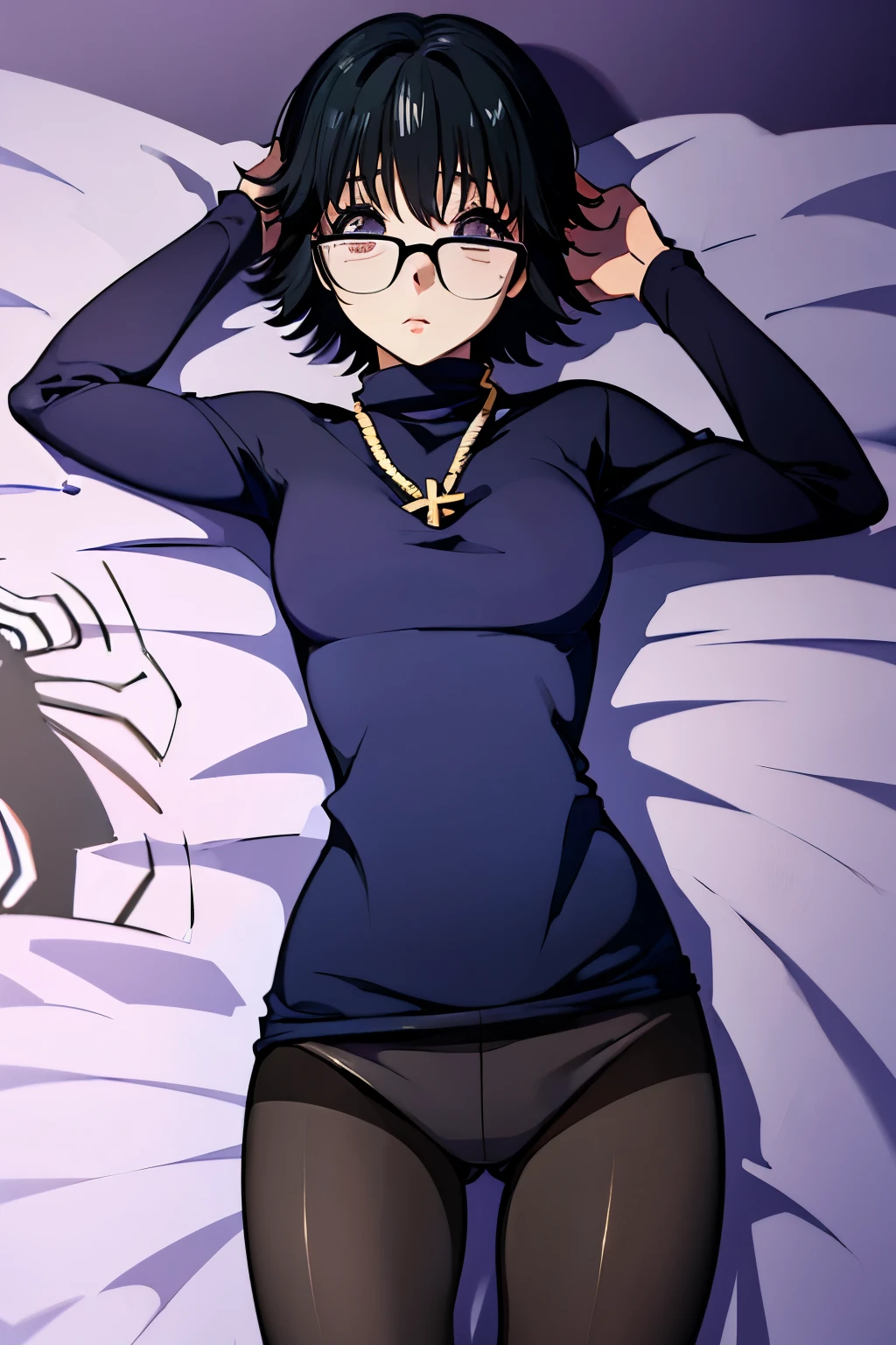 Anime girl with glasses and a black top laying in bed - SeaArt AI