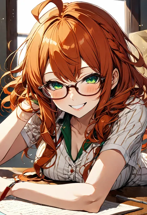 futabatoshiaki,,glasses,middle hair,kinky_hair,orange red hair,green eyes,ahoge,smile