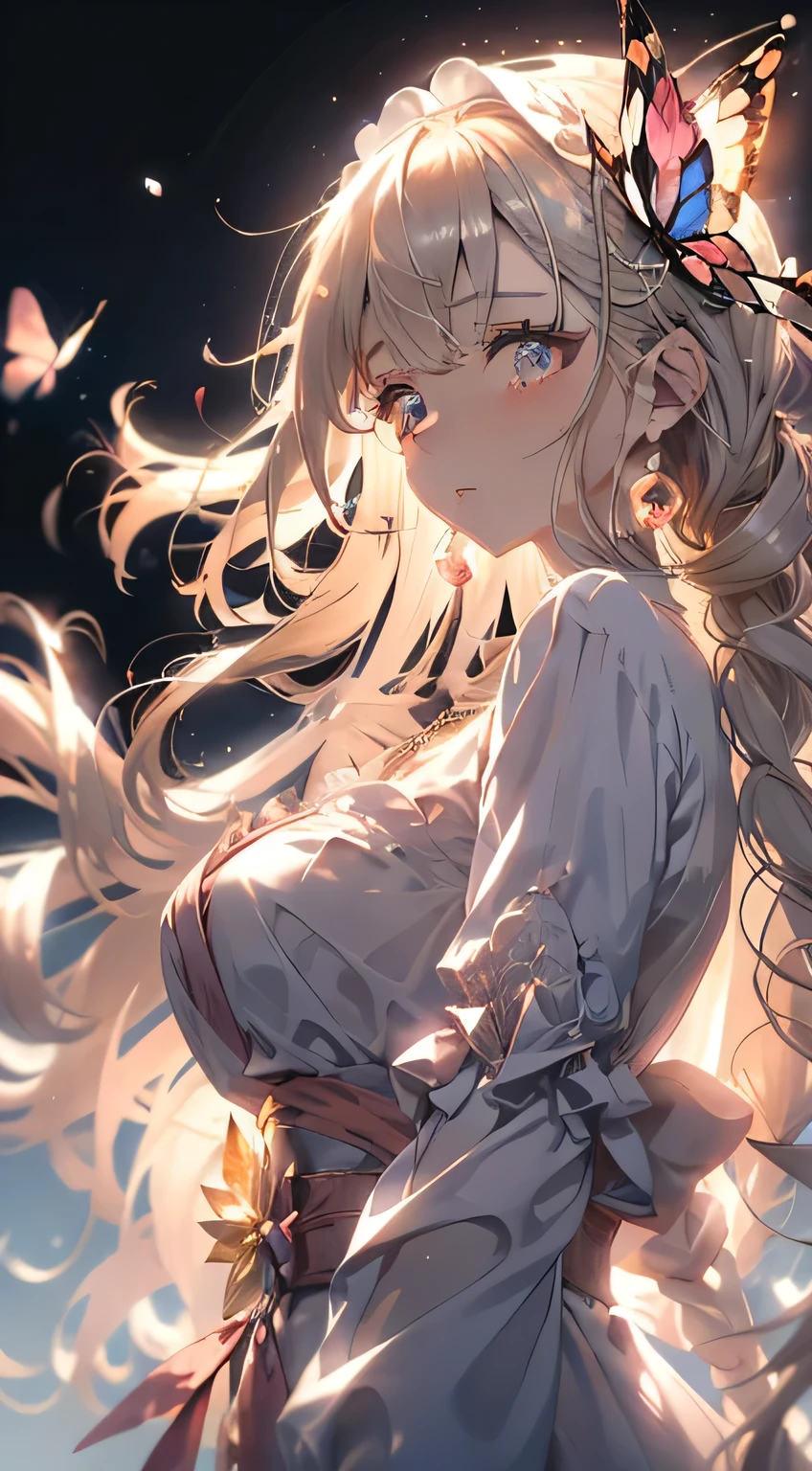 Anime Manga Girl，Long white hair，Pink Dress，Conservative dress，Butterfly headdress,耳Nipple Ring，Pearl Necklace，Pearl Bracelet，Dreamy Background，Anime Style,highest quality，Super Detail，Good atmosphere，Delicate，CG rendering，Detailed Rendering，（Delicate facial expression）（Delicate hair description）（highest quality）（Masterpiece）（High degree of perfection）（atmosphere）8k wallpaper，masterpiece，Super detailed（Half-length portrait）Anime Style