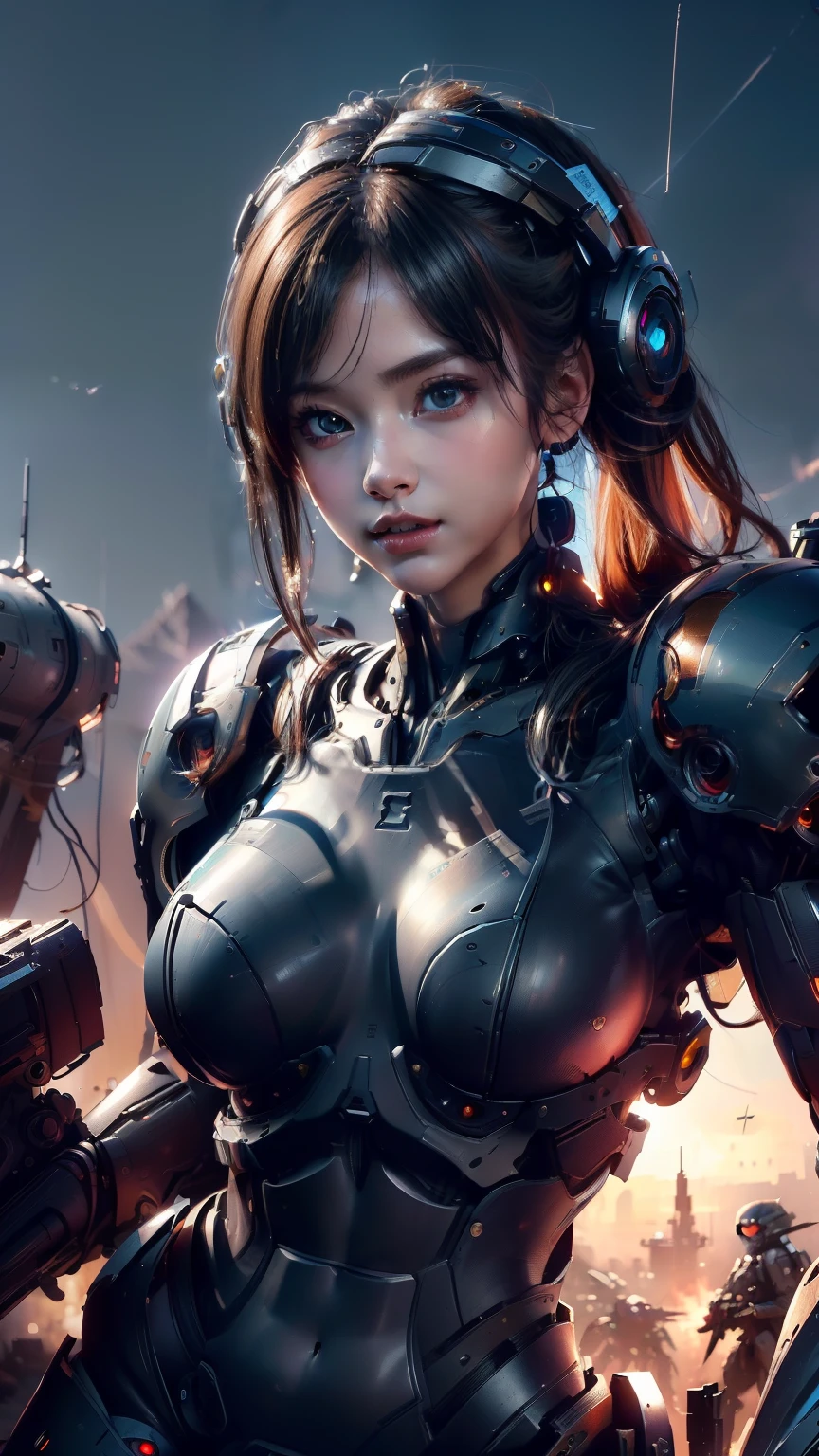 (best quality, 8k, masterpiece: 1.2), ultra detailed, (ultra realistic, photorealistic: 1.37), 1 girl extremely detailed face, beautiful eyes ultra 4k detailed big breasts very sexy Soldier wearing a ((gun)) in the background, White Robot Girl, Cyberpunk Anime Mecha Girl, Wearing Sci-Fi Military Armor, Beautiful Black Cyborg Girl, Cyborg - Silver Girl, Fira Black Robot, Echo the Overwatch, Perfect Female Cyborg Anime , Blue students, Five fingers, Camp (((in a battle, on an alien planet, Alien battle with an army in the background,)))