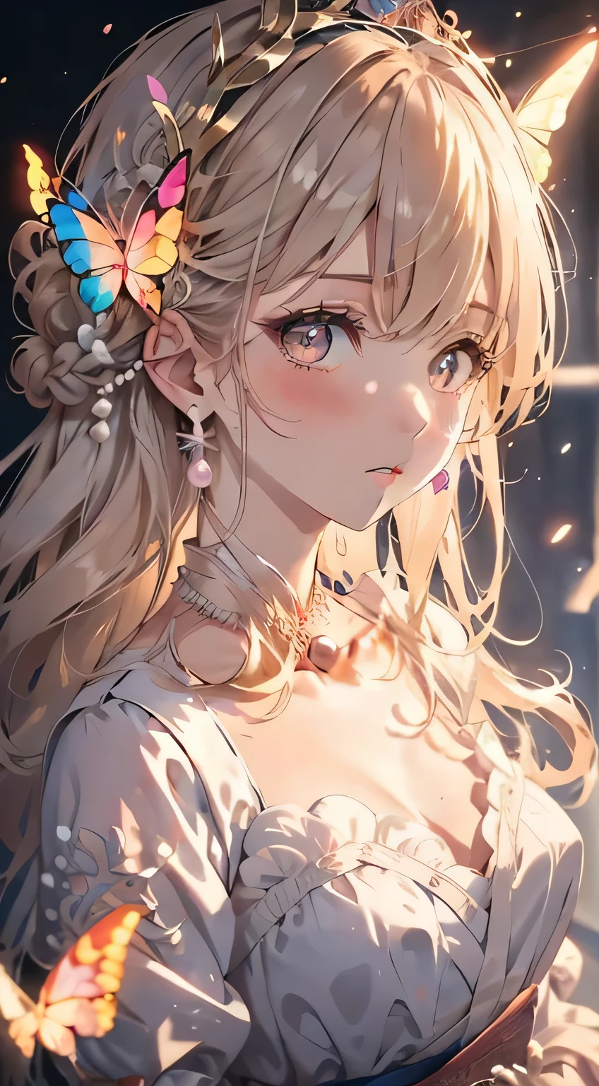 Anime Manga Girl，Long white hair，Pink Dress，Conservative dress，Butterfly headdress,耳Nipple Ring，Pearl Necklace，Pearl Bracelet，Dreamy Background，Anime Style,highest quality，Super Detail，Good atmosphere，Delicate，CG rendering，Detailed Rendering，（Delicate facial expression）（Delicate hair description）（highest quality）（Masterpiece）（High degree of perfection）（atmosphere）8k wallpaper，masterpiece，Super detailed（Half-length portrait）Anime Style