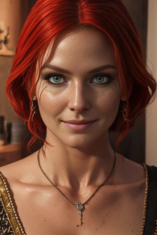 score_9, score_8_up, score_7_up, score_6_up, score_5_up, 1girl, Triss, 1girl, solo, long hair, looking at viewer, smile, short hair, green eyes, Jewerly, red hair, lips, makeup, lipstick, eyeshadow, (insanely detailed, beautiful detailed face, masterpiece, best quality) 