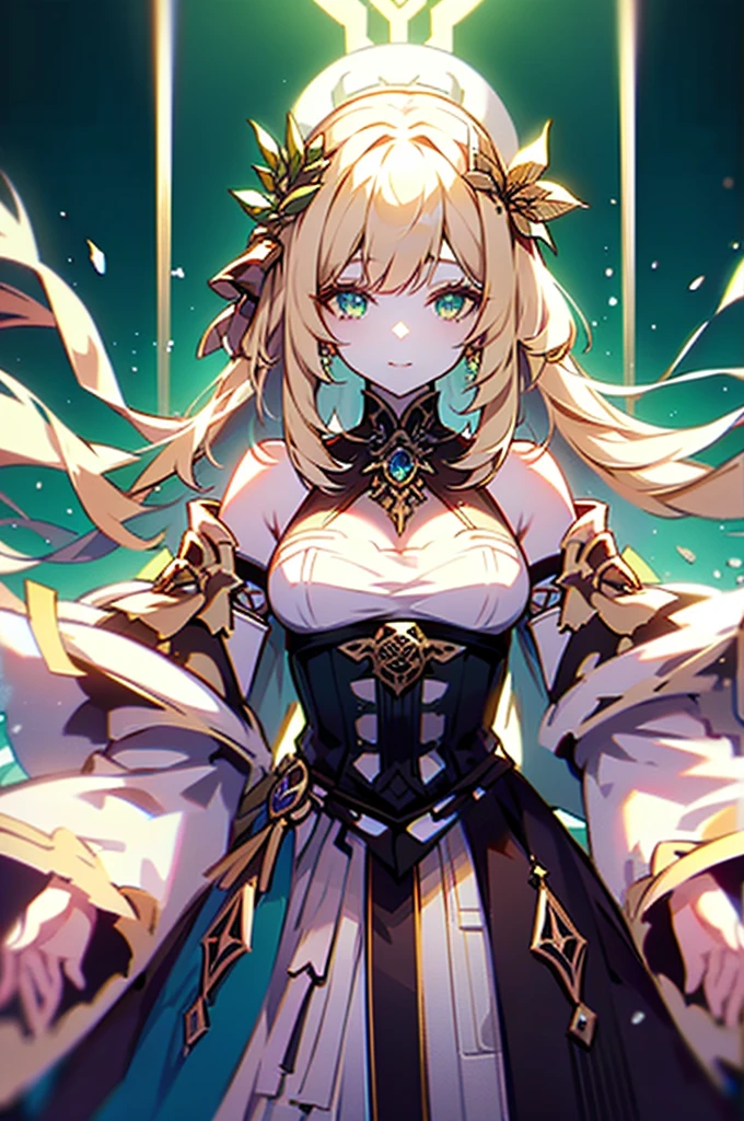 Very beautiful and badass girl (pale skin, light blonde hair and eyes; evening dress, bright eyes, very beautiful, ice hands), haughty smile. There are snowflakes around. She summons ice. Beautiful skin. Beautitul and detailed eyes. green eyes. Her eyes shine, her hair looks nice and shines too. Himecut hairstyle, golden earrings, shining golden hairpin. She’s in a fantasy snow kingdom. That feminine beauty is present in her. juicy lips.