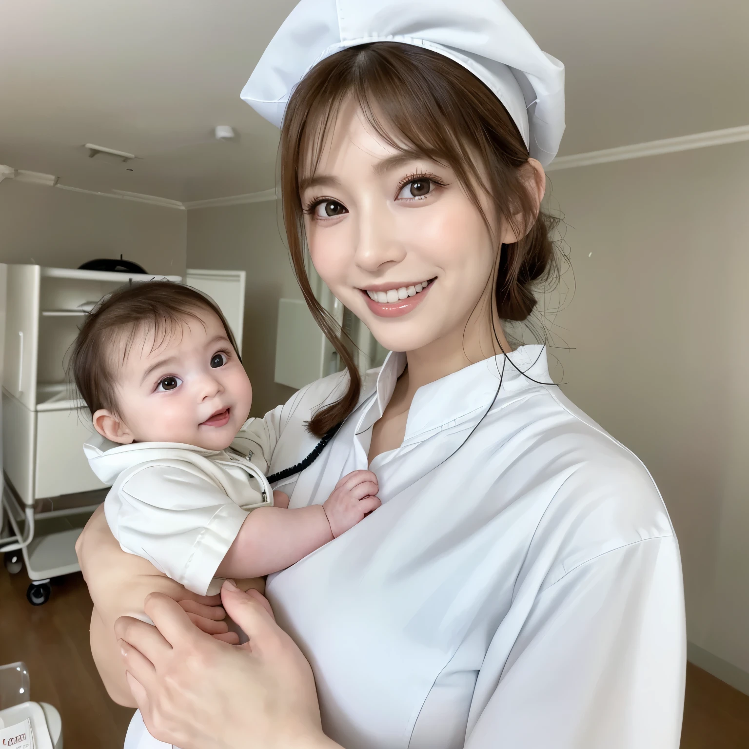 (highest quality、table top、8k、best image quality、Award-winning work)、(holding a baby1 nurse:1.3)、40-year-old nurse、20 year old mature woman、white nurse coat、holding a baby、(real and perfect baby:1.2)、(accurate real baby:1.2)、(detailed and perfect baby:1.2)、perfect hands、perfect arms、real white nurse uniform、plain white real nurse cap、chignon、brown hair、(very bright lighting:1.2)、White color、Look at me with a smile、white teeth、perfect makeup、sitting in the hospital room、take a photo close to the face、highly detailed face、White and clean teeth、big breasts、emphasize body line、smile at me with love、beautiful skin with white and shiny、pure white hospital room、(Very bright pure white hospital room:1.3)、(very brightly lit face:1.2)、Perfect shiny hair、Perfect shiny white skin、Perfect shiny hair、glossy beautiful lips、Detailed depiction of the background of the hospital room、The most natural and perfect hospital room、(accurate anatomy:1.2)、(Very strong exposure:1.2)、(very strong cold lighting:1.2)、(low color temperature:1.2)、(very refreshing bright light:1.2)