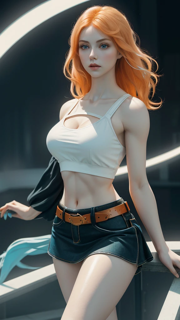 Photorealistic, Ultra realistic, 16k, high quality, cinematic lights, dream atmosphere, dream aesthetic, 1girl, pale-orange hair, realistic silky hair(pale-orange), cute pale-turquoise eyes (shiny look), long flowing hair(realistic), pale-white skin illuminated, realistic textured skin, realistic shading, alternative outfit, cleavage, large natural breasts, (white crop top:1.2), bare shoulders, black midriff, blue miniskirt, realistic textures, belt, 16k resolution, detailed face and eyes, muscular female body, strong arms, lean belly, big hips, muscular thighs, thick legs, full body, realistic, style-paintmagic, different positions at different types of angles. 