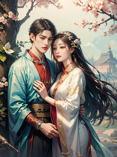 arafed image of a couple of asian women and man hugging each other, peach garden detailed background, xianxia fantasy, jingna zh...