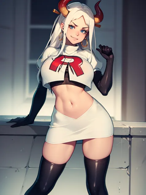 yamato, horns ,earrings, glossy lips , team rocket, team rocket uniform, red letter r, white skirt,white crop top,black thigh-hi...