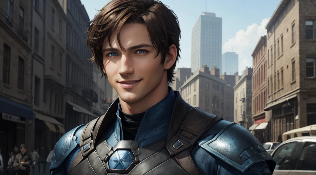 1male, avatar the last air bander movie, short hair , brown hair, blue eyes, handsome, smile, black clothes, realistic clothes, detail clothes, city background, ultra detail, realistic