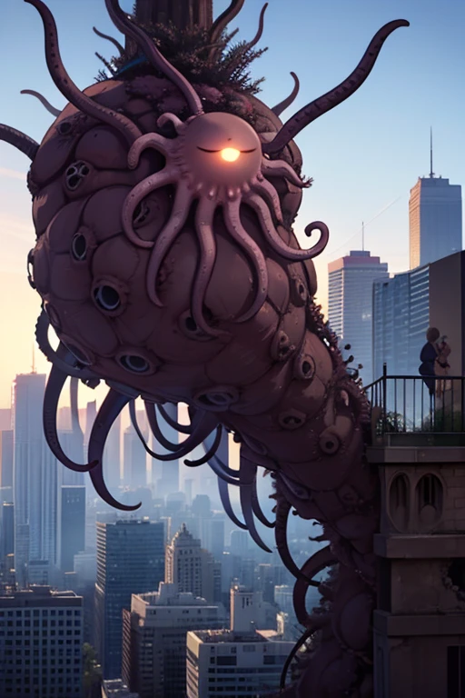 A spider with octopus tentacles and an Eye just atop a tentacle on its giant head is attacking the city where the teenage warriors are training..