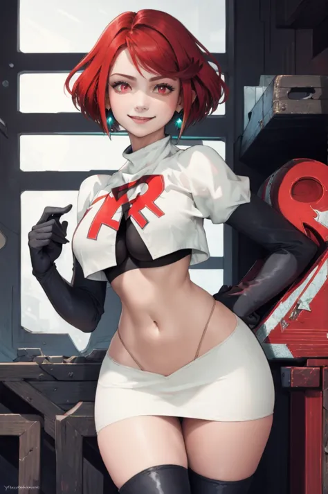 pyradef, earrings, red eyes, red hair, short hair, 
Team rocket, team rocket uniform, red letter R, white skirt,white crop top,b...