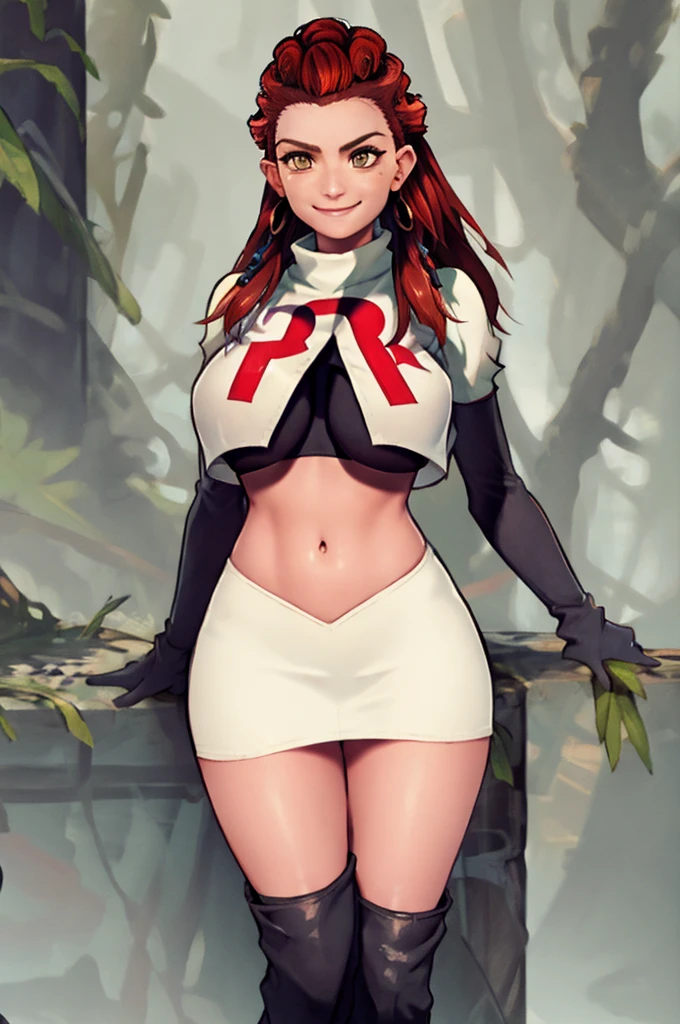 Aloy, Team rocket, team rocket uniform, red letter R, white skirt,white crop top,black thigh-high boots, black elbow gloves, evil smile, earrings, large breasts, sexy pose
