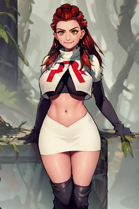 aloy, team rocket, team rocket uniform, red letter r, white skirt,white crop top,black thigh-high boots, black elbow gloves, evi...