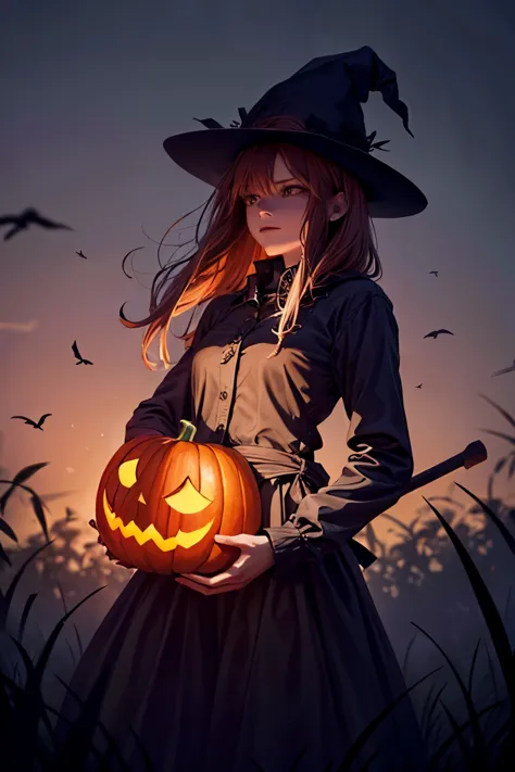 Pumpkin-headed scarecrow with tree vine hands according to a scythe scary dark with the best quality best effects best shadows b...