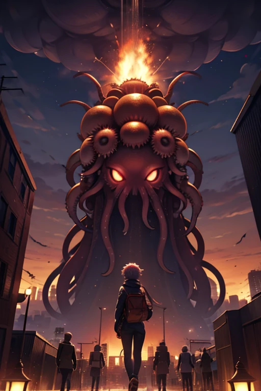 A spider with octopus tentacles and an Eye just atop a tentacle on its giant head is attacking the city where the teenage warriors are training..