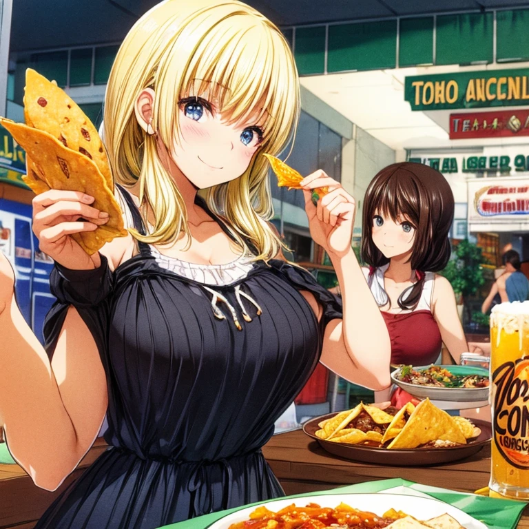 Woman wearing a poncho eating tacos, tortillas and nachos at a Mexican food stall　highest quality　Corona beer and tequila on the table