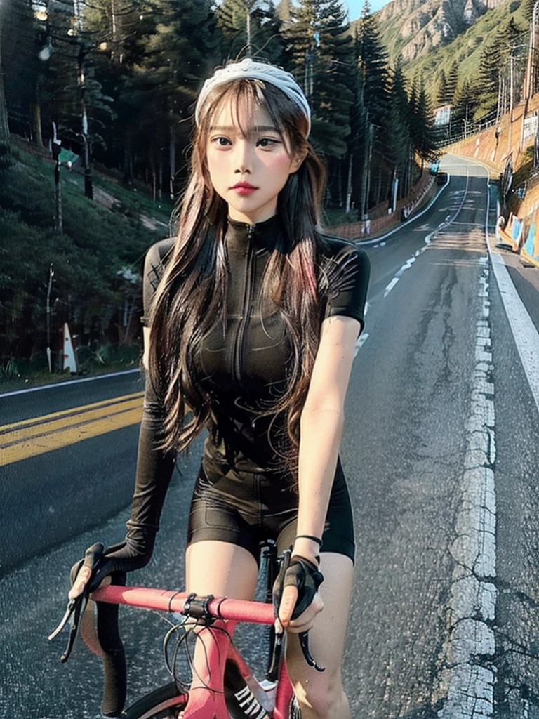 (((masterpiece))), (((best quality))), (((Ride a road bike))), downhill, steep slope, eye mask, earphone, Cycling shorts, wind, Speed line effect, alone, 1 girl, ribbon, long hair, Split, big , Shy. blush,