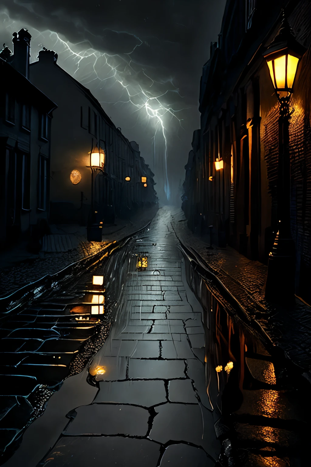 Very dark and frightening night street, almost no lighting, ambient light in a shade of penumbra only, ground made of wet cobblestones, light rain falling, thunder in the intensely cloudy sky, intricate, realism, person desperately fleeing from something, tentacles twisting in the corners, gutters flooded and dripping through the muddy corners of the street.