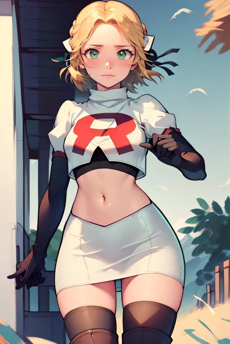 Waringrid, short hair, Hair Ribbon, Green Eyes ,Team Rocket,Team Rocket uniform, Red letter R, White Skirt,White crop top,Black ...