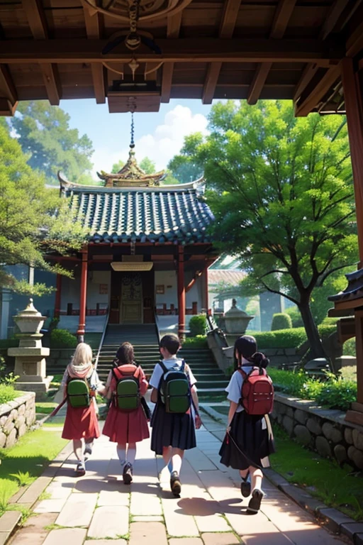 Group of young fighters wearing bags and backpacks are walking towards an entrance of a sacred fighter temple , Many ornamental plants and flowers decorate and make the environment spectacular.