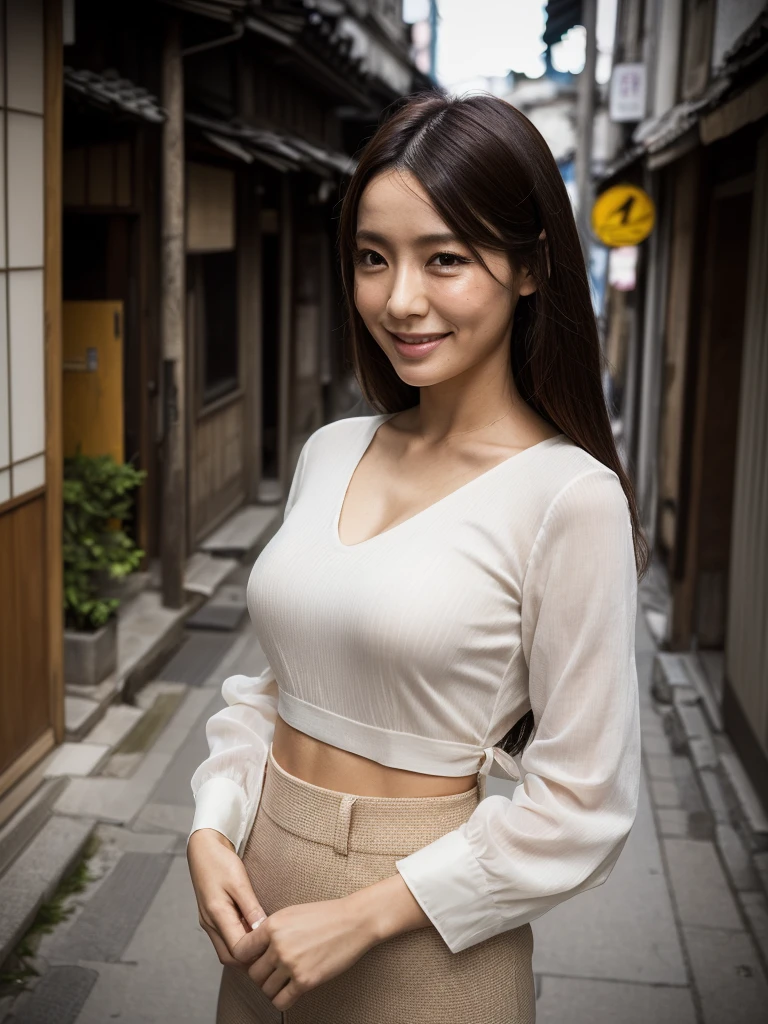 ((Top Quality)), ((8K)), ((Masterpiece: 1.3)), (Perfect Appearance), (Photorealism: 1.6), (Japanese woman standing in an old Japanese townscape: 1.6), (Kyoto), (clear background), japanese woman, (48 years old), ((Standing upright, facing forward, center of screen)), ((Realistic skin texture)), (Fine wrinkles throughout the skin: 1.3), (Dull skin: 1.1), (Skin without moisture: 1.2) , (Wrinkles on the face: 0.9), (Wrinkles on the corners of the eyes: 1.2), Double eyelids, tear bags on the lower eyelids, (Crying moles: 0.9), The eyes are looking here, serious gaze, (Dimples: 1.2), smile with the corners of the mouth raised wide, straight medium length, soft fabric blouse, (through white blouse: 1.3), (Plump and glamorous body), (wide sleeves), (Cuffs that fit your wrist), (The hem of the blouse is tucked into the skirt: 1.2), flare skirt, high heels, (focus on upper body: 1.3), (low angle: 1.4),