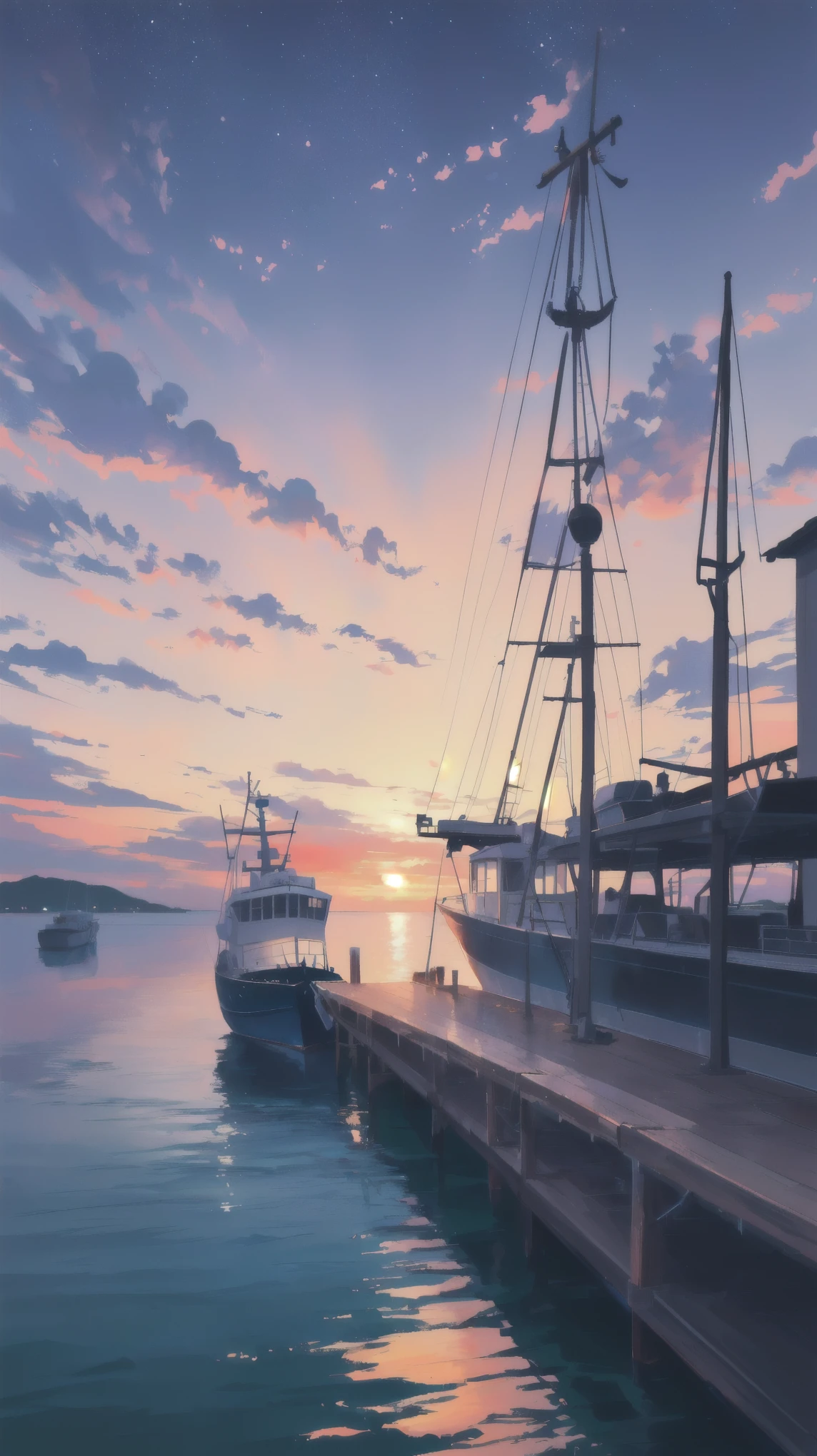 Painting of a boat and pier on the water at sunset, Detailed painting 4k, Calm Night, Detailed Landscape — Width 672, Calm Nightの雰囲気, Painted in an anime artist&#39;s studio, by Kobayashi Kiyochika, Beautiful Art UHD 4K, Makoto Shinkai&#39;s Style, Twilight ; digital oil painting, sunset、One ship