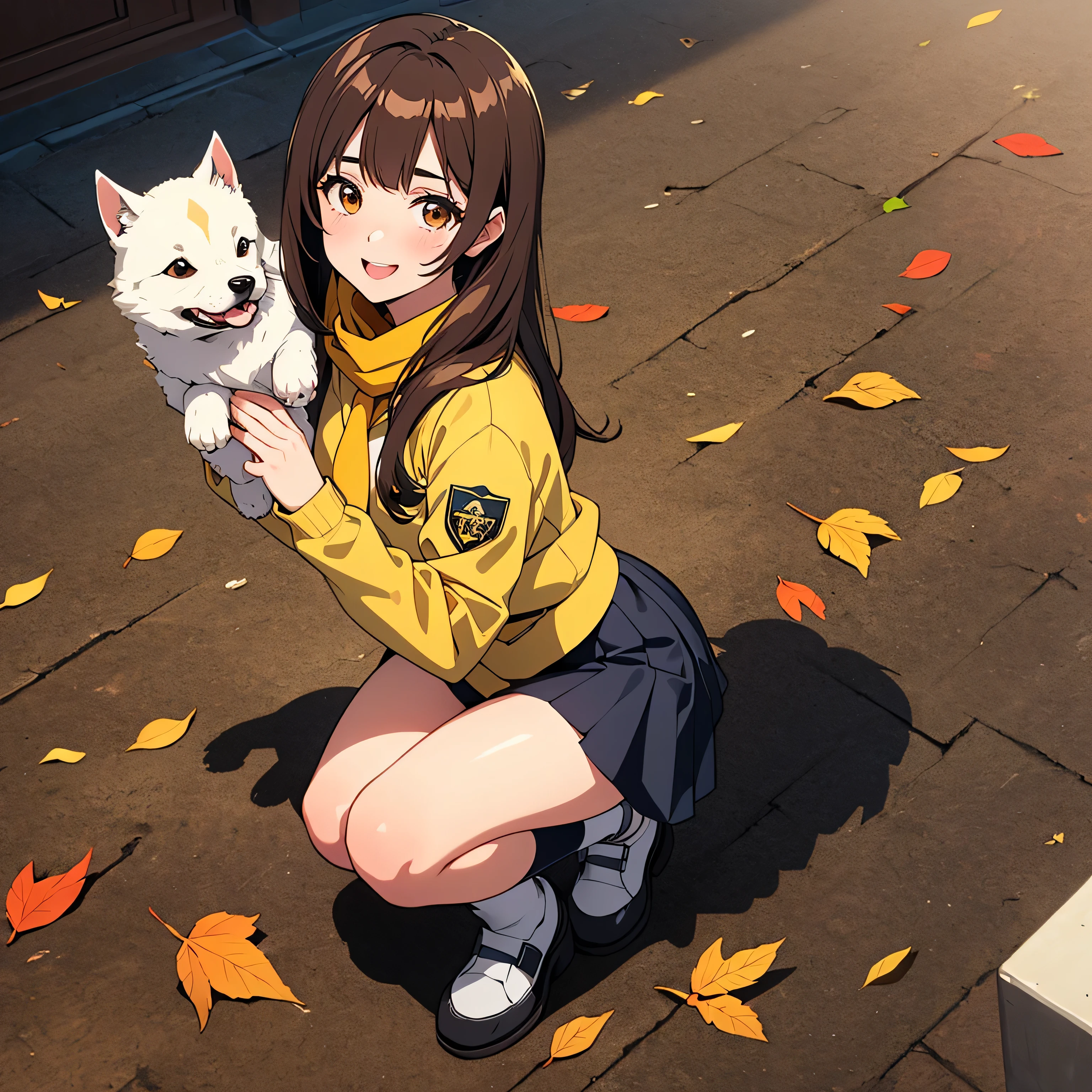 (Masterpiece Anime, One, Retro art style, Clean brush strokes, Very detailed, Perfect Anatomy, Browsing Caution), winter park background, Dead leaves are dancing, (cream_ami, One girl), １Girl, (Full Body Shot, Watching from above), Eyebrows visible through hair, bangs, Dark brown hair, brown eyes, Eyes are easily depressed (Sansakumaru:1.4), Half-open eyes (Beautiful and detailed:1.2), Looking at the audience, Open your mouth a little, smile, (Crouching), (On top of uniform),(Uniform skirt), (Wearing a yellow scarf), (Petting a puppy&#39;s head),