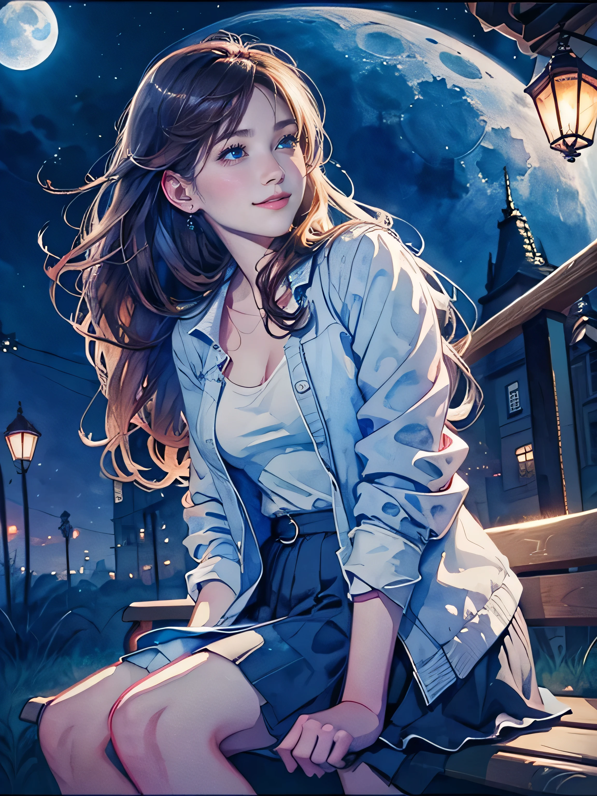 highest quality, highest quality, (close:1.3),Tabletop, Ultra-high resolution, 8k, Watercolor style, Watercolor illustration,Age 25, Woman sitting on a park bench looking at the moon, Looking up from below, Looking up at the moon, From waist to face, smile, slim, Plain white blouse, Grey jacket, mini skirt, sneakers, long brown hair blown in the wind, night, Park Street street lights, Blue Moon of the Full Moon, night Park, Susuki growing,Watercolor \(Moderate\),Watercolor