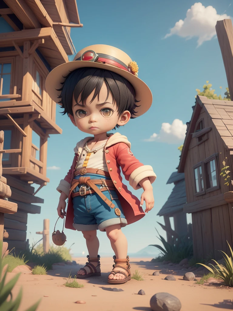 cute 3d render, cute detailed digital art, male explorer mini cute boy, cute digital painting, stylized 3d render, cute digital art, cute render 3d anime boy, luffy the little pirate looks up, cute! c4d, portrait anime sea pirate boy, ((he is wearing an open long-sleeved red cardigan with four buttons, with a yellow sash tied around his waist, blue shorts with cuffs, sandals)), ((standing in a pirate ship)).