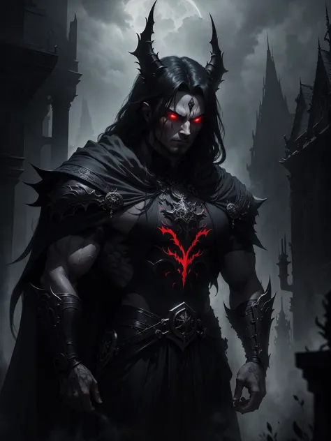 a dark muscular male evil lord, long flowing black hair, black and red cloak, piercing red eyes, menacing expression, powerful a...