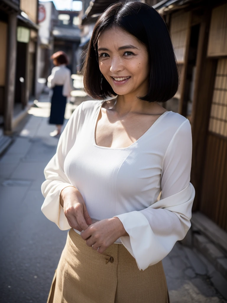 ((Top Quality)), ((8K)), ((Masterpiece: 1.3)), (Perfect Appearance), (Photorealism: 1.6), (Japanese woman standing in an old Japanese townscape: 1.6), (Kyoto), (clear background), japanese woman, (48 years old), ((Standing upright, facing forward, center of screen)), ((Realistic skin texture)), (Fine wrinkles throughout the skin: 1.3), (Dull skin: 1.1), (Skin without moisture: 1.2) , (Wrinkles on the face: 0.9), (Wrinkles on the corners of the eyes: 1.2), Double eyelids, tear bags on the lower eyelids, (Crying moles: 0.9), The eyes are looking here, serious gaze, (Dimples: 1.2), smile with the corners of the mouth raised wide, straight medium length, soft fabric blouse, (through white blouse: 1.3), (Plump and glamorous body), (wide sleeves), (Cuffs that fit your wrist), (The hem of the blouse is tucked into the skirt: 1.2), flare skirt, high heels, (focus on upper body: 1.3), (low angle: 1.4),