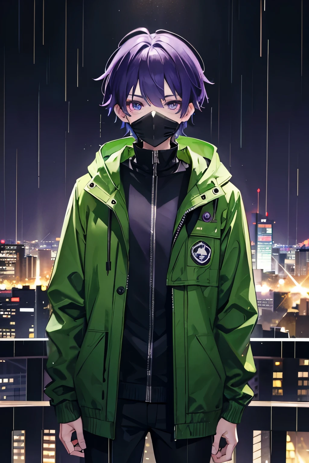 young boy, purple eyes, wearing green jacket, green jacket with hood, , black pants, purple hair in sholders height, in the city, rain city, gas mask, master piece, 4k, detailed eyes
